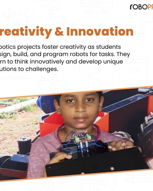 A student proudly displays the robot he designed and built. Our projects foster creativity and innovation, teaching kids to think outside the box and develop unique solutions to challenges.