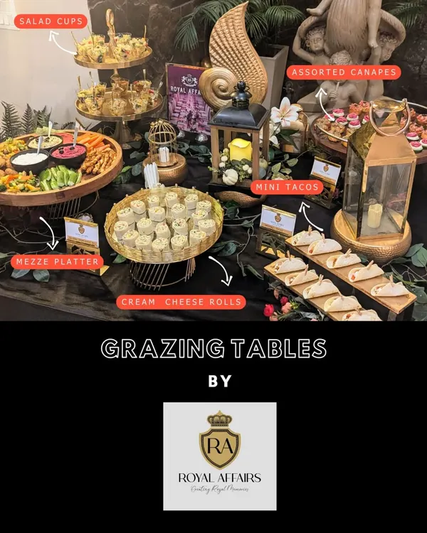 This grazing table is a complete culinary journey, featuring everything from a fresh mezze platter and cream cheese rolls to mini tacos and assorted canapés. It’s a perfect, self-contained solution for house parties and corporate events.