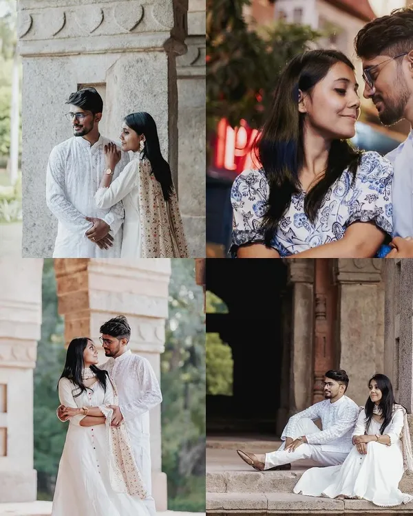 A collection of moments from a shoot at a historic Delhi location. This collage shows a mix of classic portraits in traditional wear and a modern, candid shot from a night out.