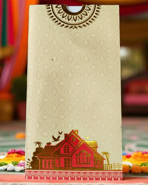 A beautiful housewarming invitation in a soft cream color with a red foil house illustration, set against a festive background.
