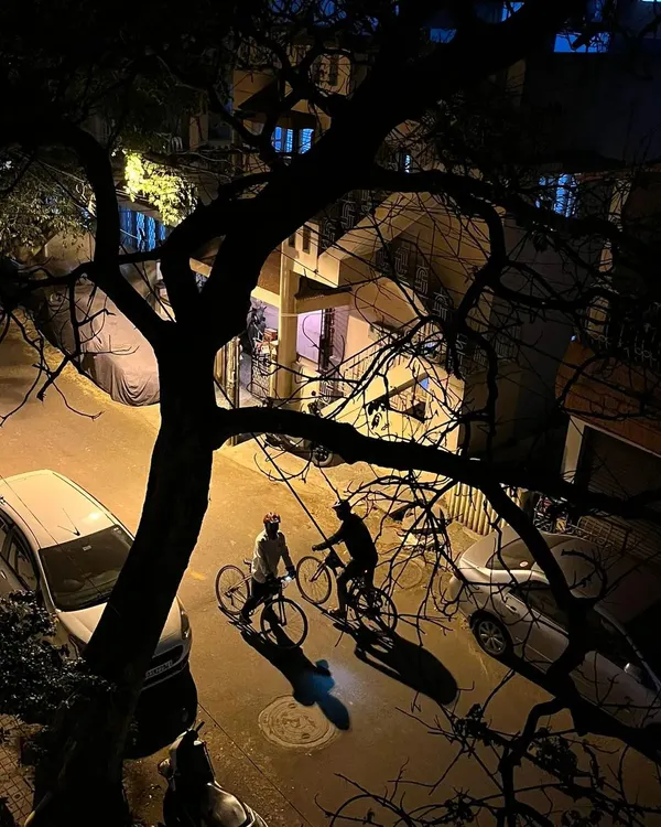 This is what it’s all about. The quiet streets, the long shadows under the lamplight, and the simple freedom of being on two wheels with a friend. This is the magic we chase on our night rides in Bangalore.
