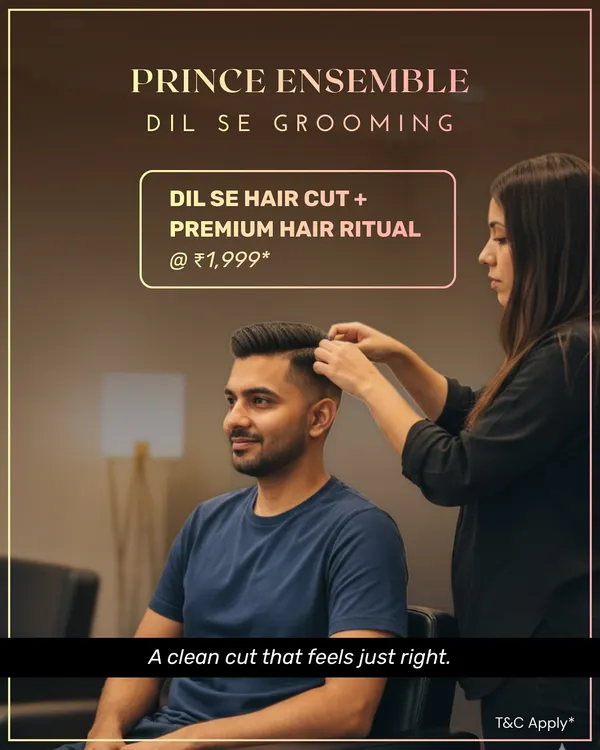 The "Prince Ensemble" grooming package. This service includes a clean, precise haircut that feels just right, paired with a premium hair ritual for a complete refresh.