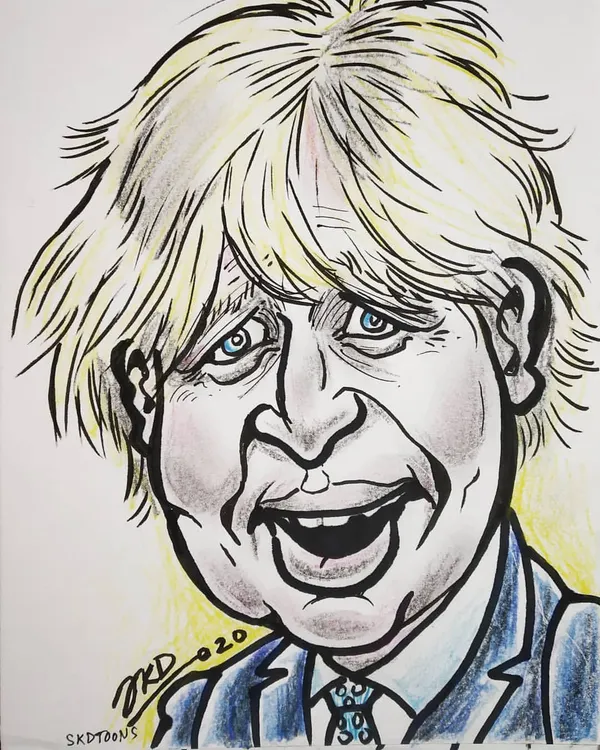 A caricature of British PM Boris Johnson, drawn when he tested positive for coronavirus. The artwork captures his well-known public persona with exaggerated features.