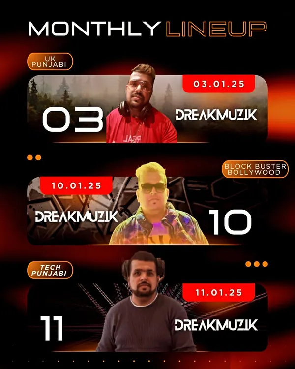 A sample of my monthly lineup poster. This shows the variety of themed nights I play, from UK Punjabi to Blockbuster Bollywood and Tech Punjabi.