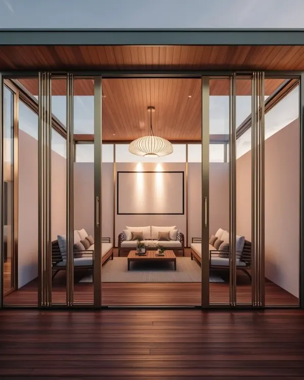 A perfect glasshouse is a blend of art and science. This evening shot shows a beautifully lit glasshouse with a wooden deck and ceiling, creating a cozy, all-weather retreat. Our two decades of experience guarantee our clients' trust.