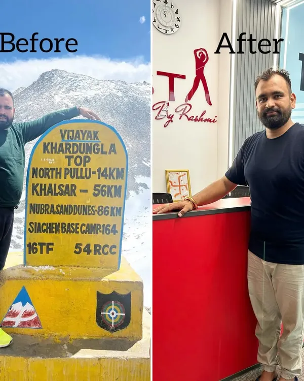 The journey from the mountains of Khardung La to our studio reception shows a powerful transformation. This client's consistency and trust in the process led to incredible results, proving that dedication is the key to achieving your fitness goals.
