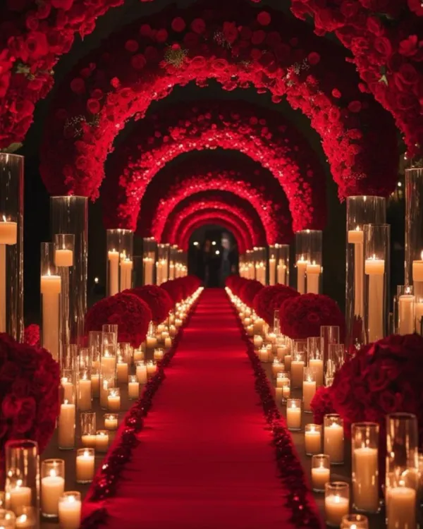 I love creating dramatic and passionate entrances. This stunning aisle is lined with countless candles and framed by arches of deep red roses, creating an intensely romantic and unforgettable path for the couple.
