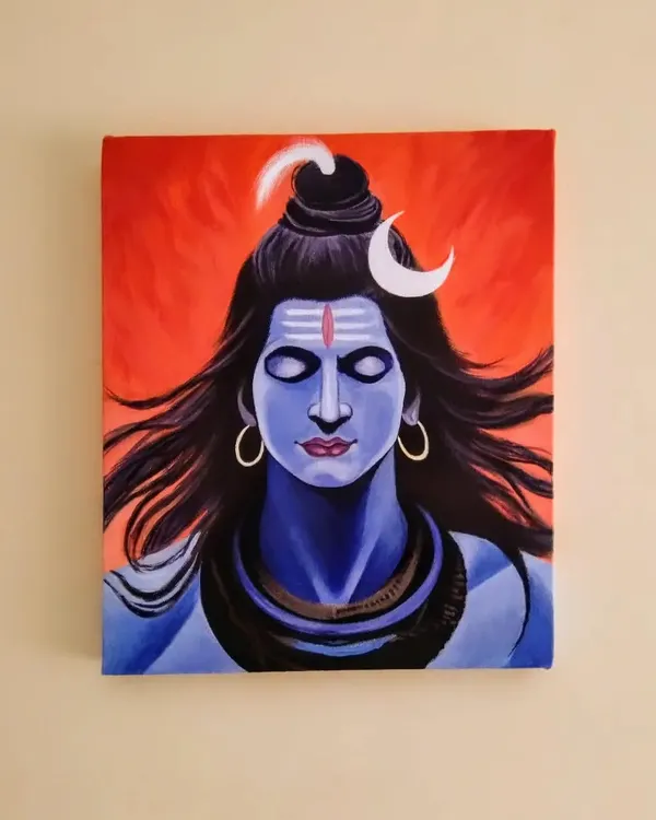 A finished acrylic painting of Lord Shiva in meditation, set against a vibrant orange background. This piece is on canvas and ready to hang, perfect for a meditation space or as a devotional artwork.
