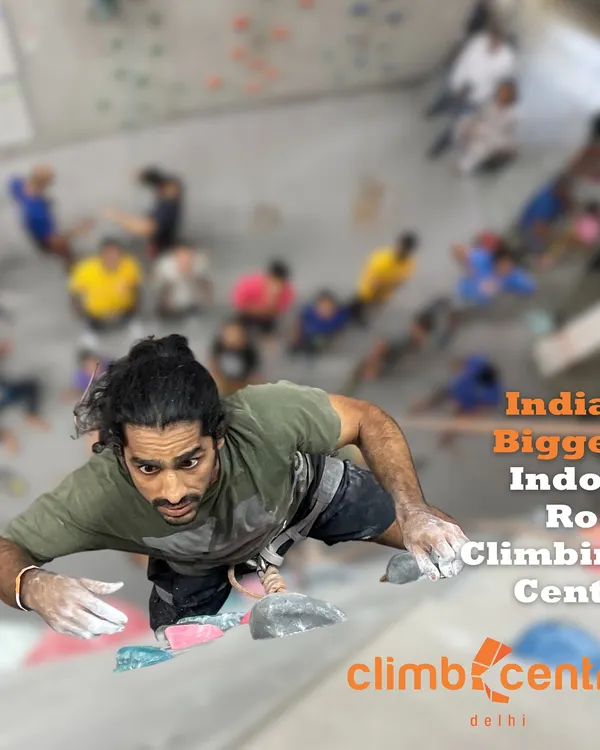 Welcome to India's biggest indoor rock climbing center. This image captures the scale of our facility and the thrill of the climb, inviting everyone to book their adventure with us.