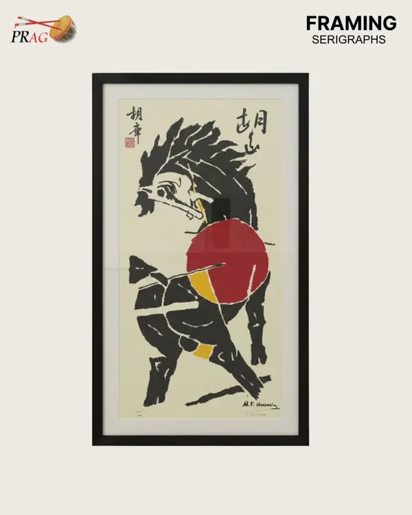 A framed serigraph by M.F. Husain, one of India's most celebrated artists, known for his powerful and dynamic depictions of horses.