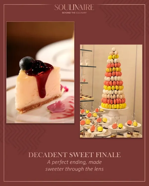A perfect sweet finale, made sweeter through the lens. This collage features a slice of luscious blueberry cheesecake and a magnificent tower of colourful macarons, showcasing our decadent dessert offerings.