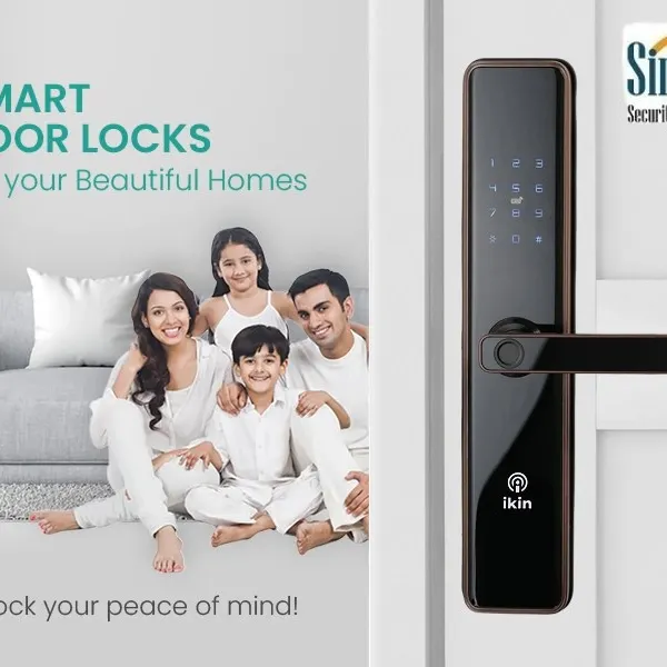 A promotional image showcasing a smart door lock for residential use. We provide keyless entry solutions that offer multiple access methods, including PIN codes, RFID cards, and biometrics for your family's safety.