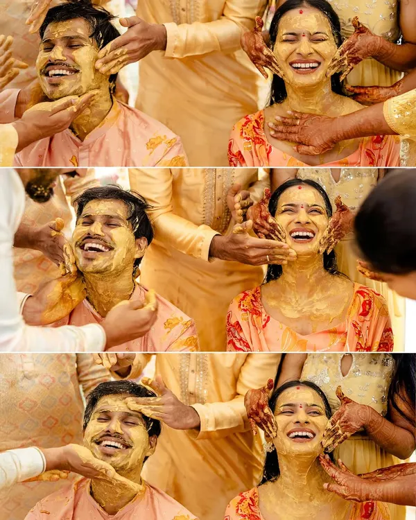 A collage showing the pure, unadulterated joy on the faces of Nihal and Sravanthi as they are covered in turmeric paste by their loved ones.