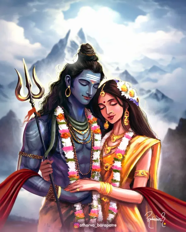 A tender moment between Shiva and Parvati, set against the backdrop of the Himalayas. This digital painting captures the profound love and completeness of their divine union.