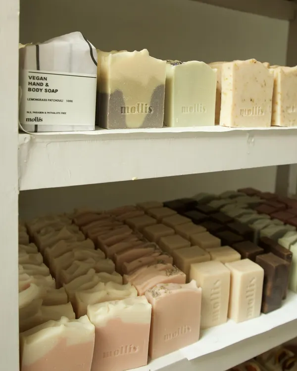My usual work view. These shelves are where my soaps cure, filling the studio with the most wonderful scents.