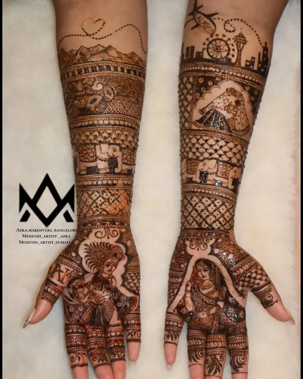 I love creating storytelling mehendi like this, which includes portraits, a city skyline, mountains, and other personal symbols for the bride.
