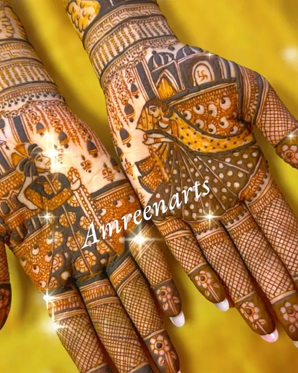 A complete bridal mehandi telling a story with detailed bride and groom figures. This traditional design is filled with symbols of love and celebration for the big day.