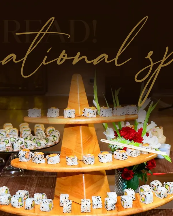 A sensational spread of international flavors. This three-tiered wooden stand displays a wide variety of freshly rolled sushi, offering a delightful taste of Japan at a luxury event.