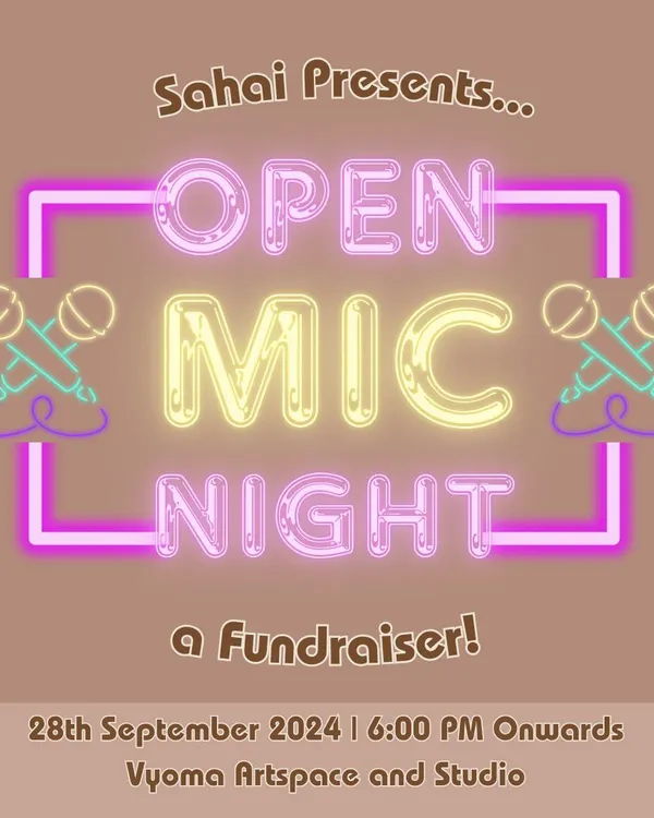 The poster for an Open Mic Night fundraiser, showing our commitment to using our space for community and social causes.