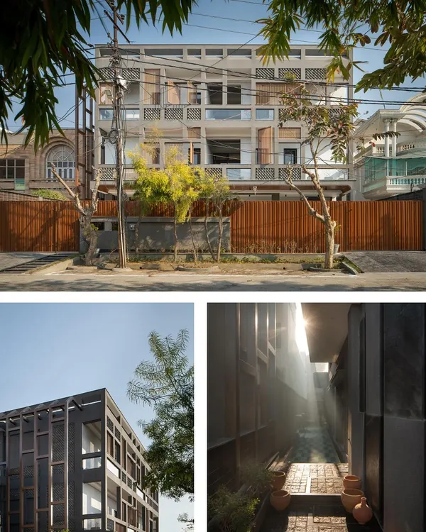 A collage showing the Urban Oasis in its context, with its strong, grid-like facade creating a distinct presence. The design was conceived as an inward-looking sanctuary, balancing industrial resilience with the warmth of a family home, a story we were proud to see featured in Habitus Living.