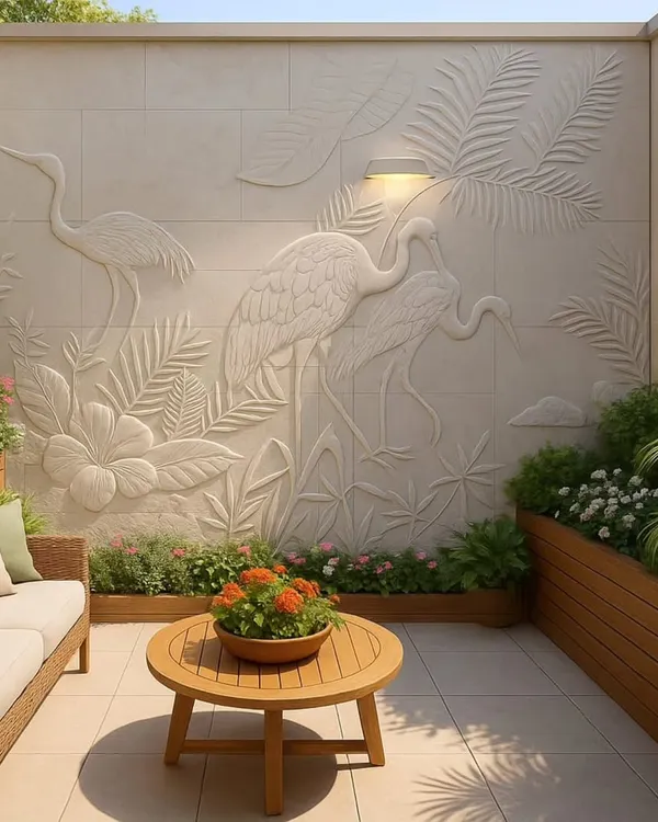 A beautiful stone mural featuring elegant cranes in a tropical setting. This kind of detailed wall art can become the centerpiece of any balcony or garden.