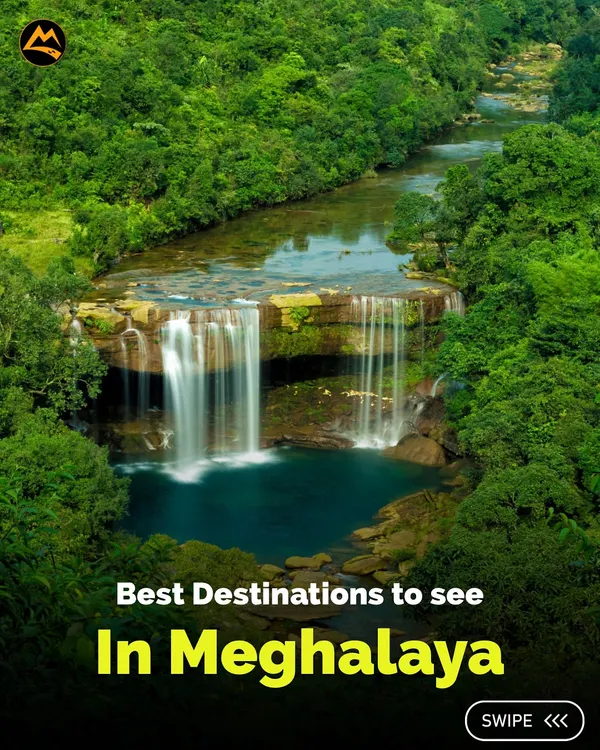 The best destinations to see in Meghalaya, the abode of clouds. This carousel will take you through its magical waterfalls, crystal-clear rivers, and lush green landscapes.