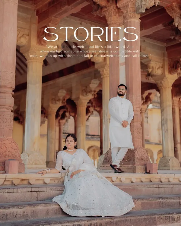 A majestic portrait at Amer Fort, where the couple is framed by the grandeur of Rajasthani architecture. We posed them to reflect a modern royal couple, blending tradition with contemporary style.