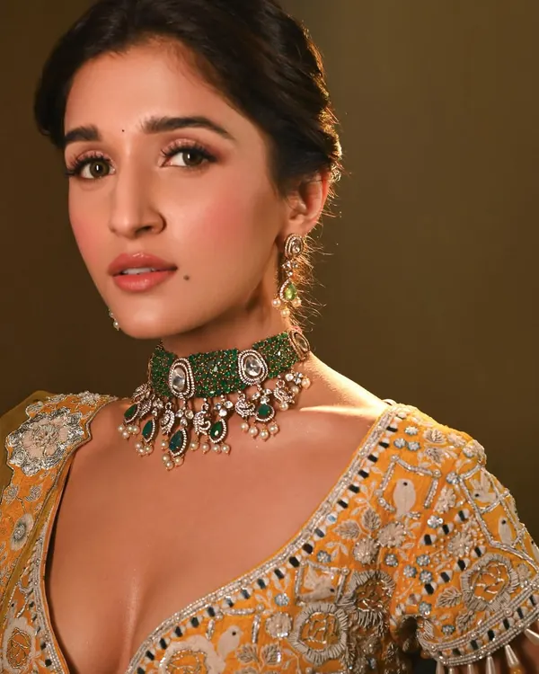 A close-up of the makeup I did for the stunning Nidhi Shah. I created a fresh, sun-kissed look with a focus on glowing skin and a soft pink lip to complement her emerald choker.