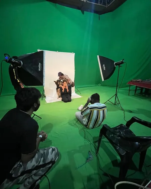 A wide shot of my first test look shoot for the Netflix series 'Kaala Paani'. This shows the green screen setup, lighting, and the full team at work.