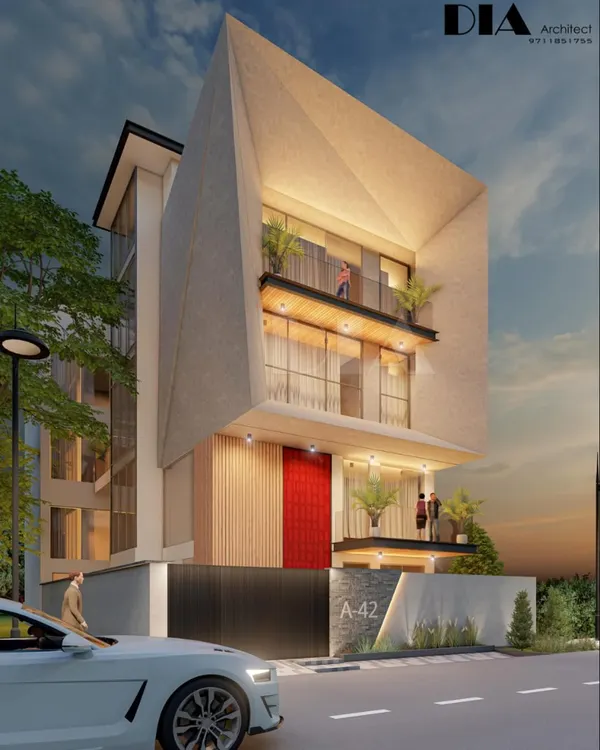 This 3D render represents my core design philosophy: creating architecture that is bold, futuristic, and feels alive. The design features a dynamic, geometric facade that plays with volume and light, balanced with warm wooden accents and integrated planters to connect the structure with nature.