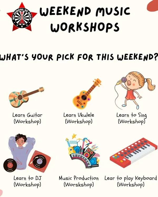 What's your pick for this weekend? This graphic showcases our range of workshops, including guitar, ukulele, singing, DJing, music production, and keyboard.