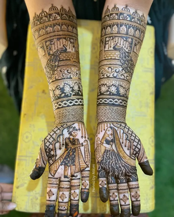 This is the kind of detailed bridal mehendi I love to create. This design features classic bride and groom portraits, telling a story on the hands with intricate patterns extending up the arms.