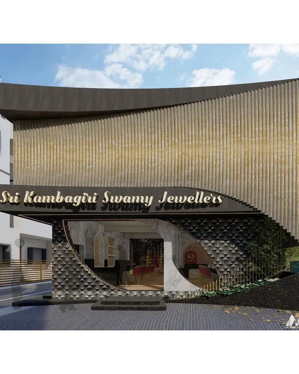 A direct frontal view of the Sri Kambagiri Swamy Jewellers concept. This perspective clearly shows the balanced composition, from the inviting, curved entryway to the impressive, vertically textured upper facade that establishes a landmark presence.