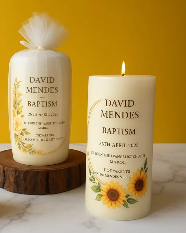 This custom pillar candle was created for a baby's baptism, featuring personalized details like the name, date, church, and godparents' names. I can design these with any theme, from floral designs like the sunflowers shown here to any other style you have in mind.