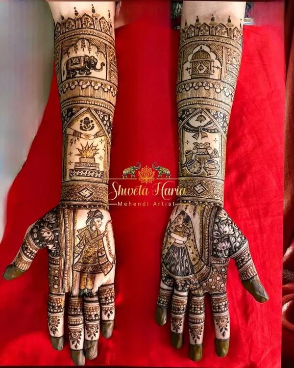 I specialize in telling your unique story through mehendi. This full bridal design incorporates detailed portraits of the bride and groom, along with traditional wedding rituals like the dhol, shehnai, and doli ceremony, creating a piece that is deeply personal and intricate.