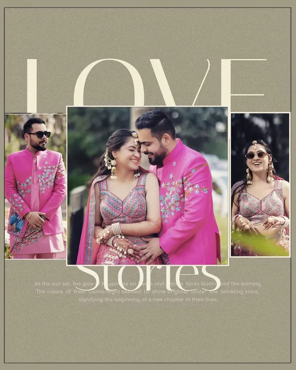 A beautiful collage of a couple's "Love Story" from their wedding day. The coordinated pink outfits and their happy, intimate moments are captured in a stylish album-style layout.