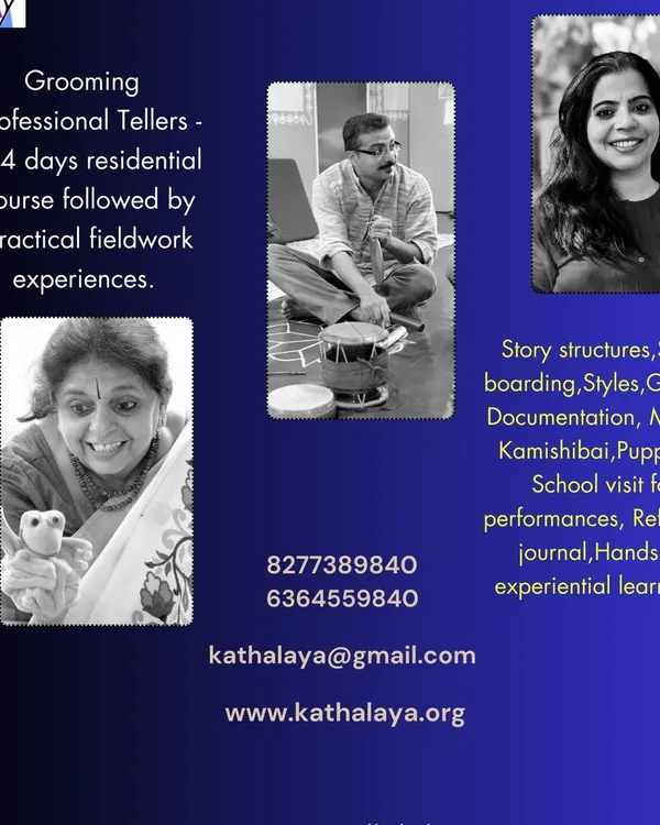 This poster for my residential Diploma course highlights the three pillars of our training: my guidance on story structure, Vipin's expertise in music and rhythm, and Manjusha's mastery of puppetry and art.