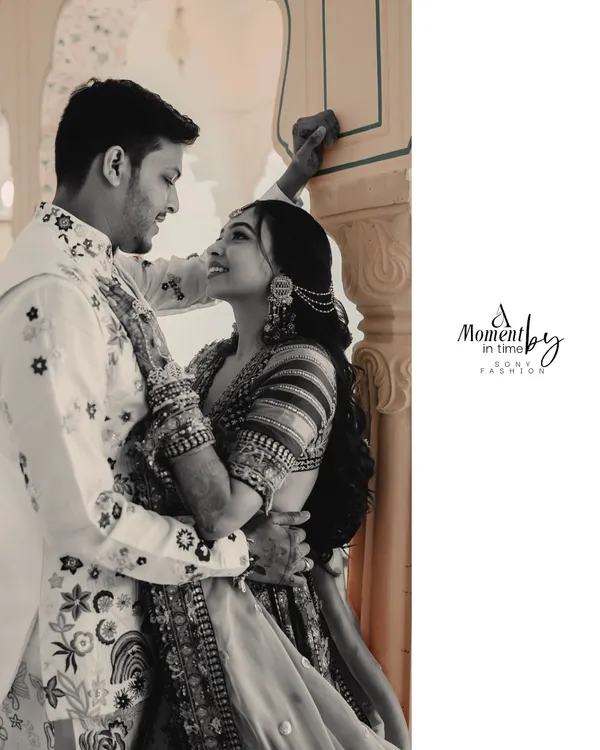 A classic black and white portrait capturing the raw emotion and connection between Bhavesh and Pankhuri. Monochrome brings a timeless, artistic quality to wedding photos.