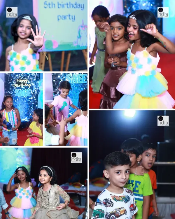 A collage capturing the vibrant energy of a 5th birthday party, from the birthday girl's big smile to her friends dancing and playing together.