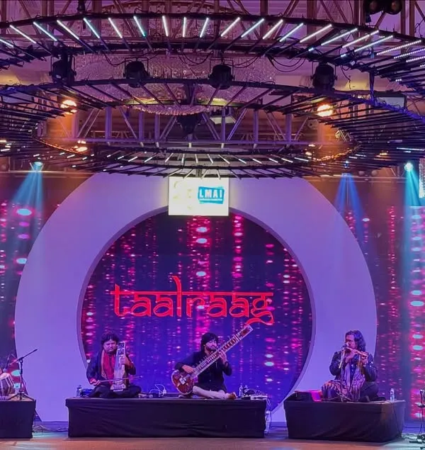 Performing with my ensemble, TaalRaag, at a corporate event in Udaipur. I can bring this level of grand production and energy to your event, combining sitar, sarangi, flute, tabla, and keys for a full, immersive sound.