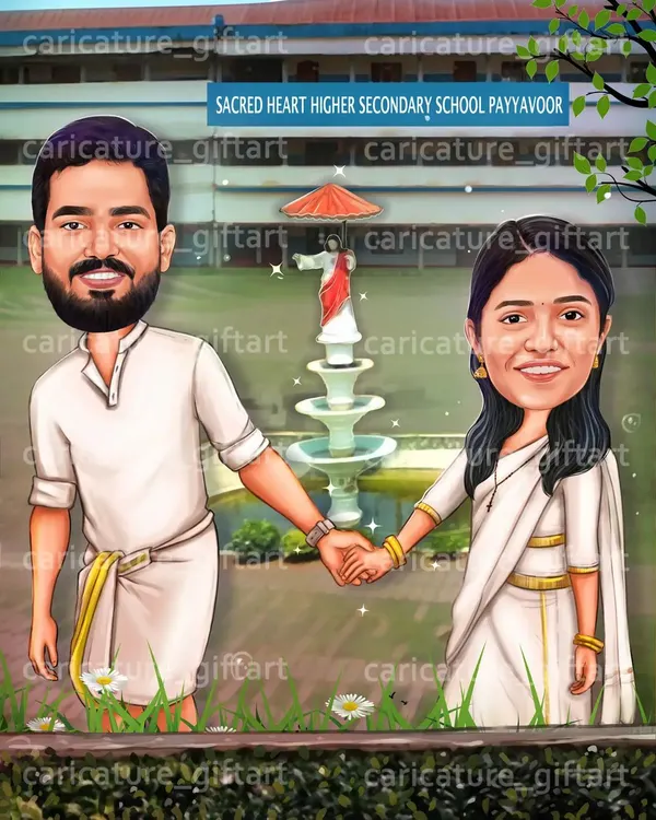 This invitation was extra special. The couple wanted their caricature set in front of their old school, Sacred Heart in Payyavoor, where their story began. It’s this kind of personalization that I love to bring into my art.