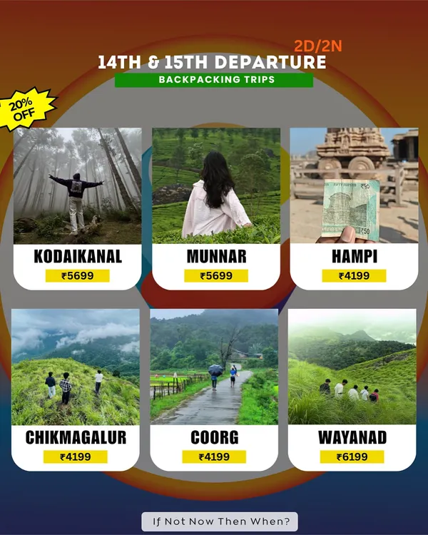 Here's a look at our popular 2-day backpacking trips. Choose from misty hill stations like Kodaikanal and Munnar or heritage sites like Hampi. All packages include transport from Bangalore, stay, and guided sightseeing.
