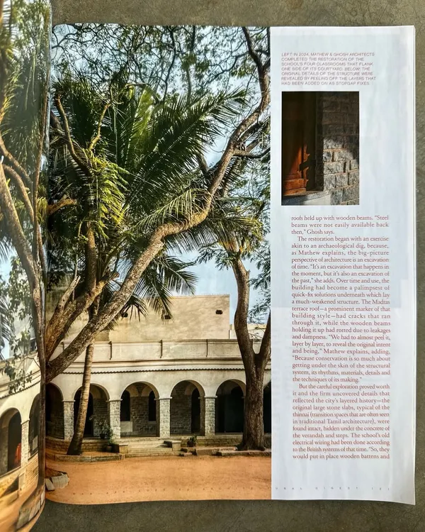 This is a wing of the RBANMS School, dating back to 1873, which we helped conserve. We worked to preserve the original stone arches and structure while making it functional for today's students.