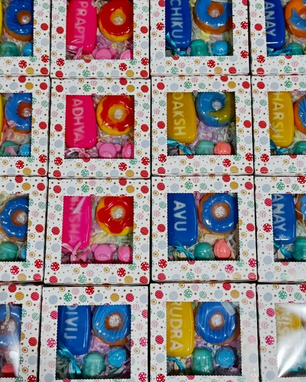 These personalized dessert-themed hampers were a huge hit as birthday return favors. Each box contains a custom name soap, a donut soap, and other fun-shaped soaps that kids absolutely love.