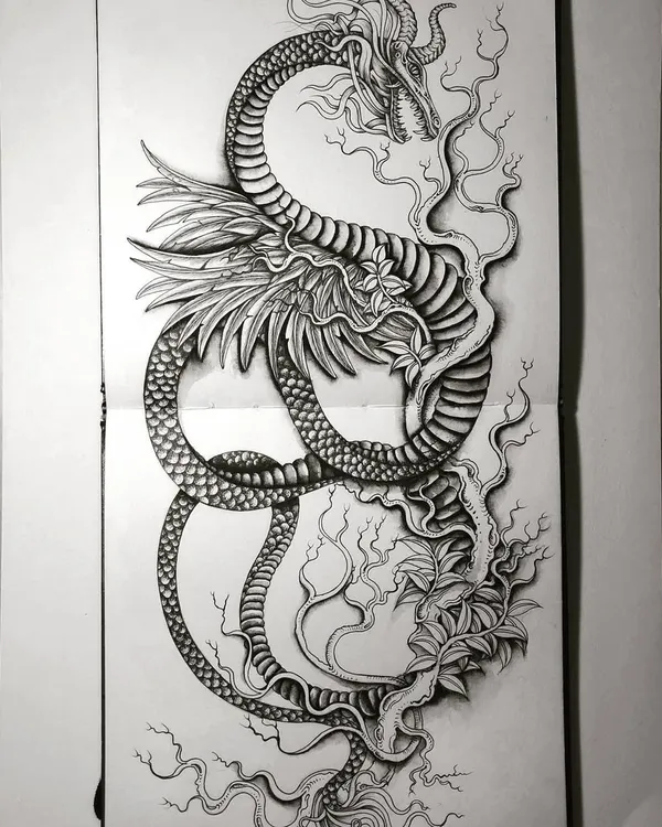 A finished two-page sketchbook spread of a winged serpent, or dragon, coiled in an infinity loop. This design is perfect for a full back piece or a tattoo that wraps around a limb.