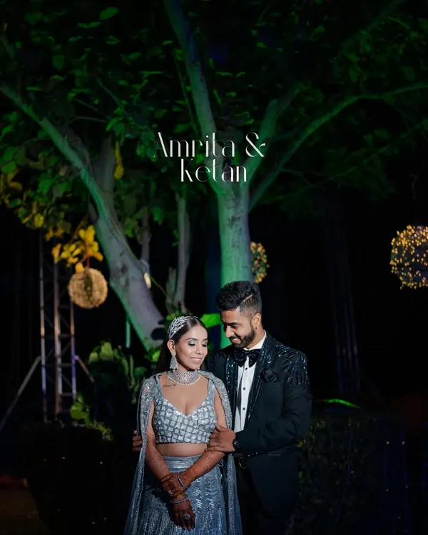 A stylish portrait from Amrita and Ketan's sangeet night. We capture the glamour and excitement of your pre-wedding events, ensuring you both look and feel like stars.