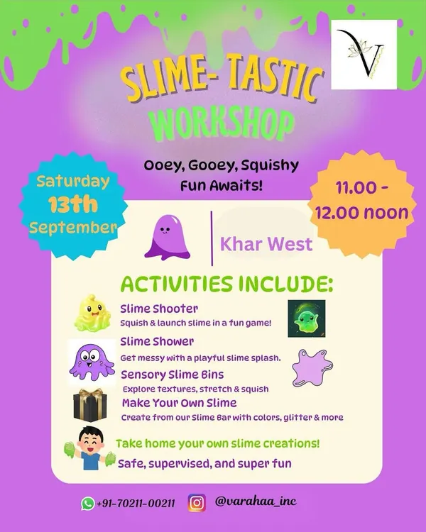 My Slime-tastic Workshop is a guaranteed hit for kids aged 4-9. I set up a complete slime bar and lead activities like the slime shooter and sensory slime bins for a day of stretchy, squishy, super fun.