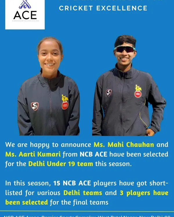 We are proud to announce the selection of our players, Ms. Mahi Chauhan and Ms. Aarti Kumari, for the Delhi Under 19 team. This is a testament to our commitment to providing a real pathway to professional cricket.