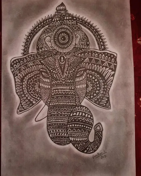 A detailed mandala drawing of Lord Ganesha, filled with intricate patterns. This piece is a representation of focus and devotion.