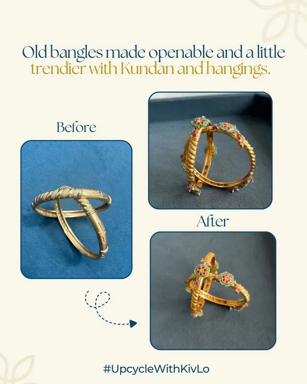 Old bangles made openable and trendier with Kundan and hangings. This simple fix makes them wearable again, proving that style should never be wasted.